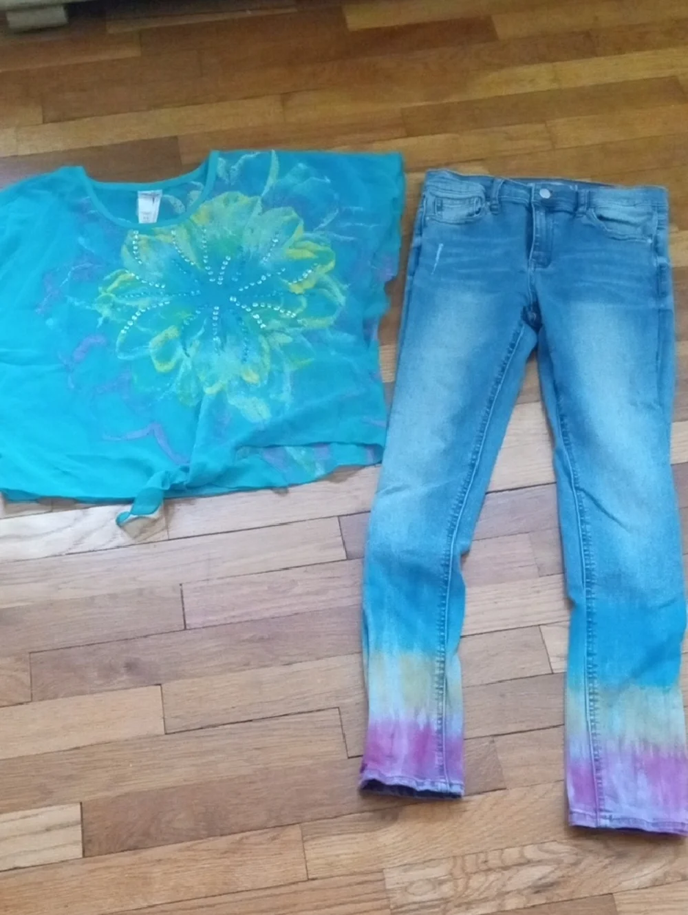Teal Floral Tie-Front Top & Ombre Hem Skinny Jeans girl 14